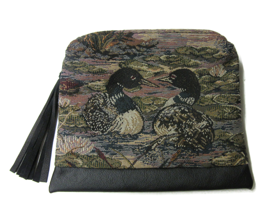 Loons Tapestry Fabric Black Leather Large Zippered Pouch Pencil Case Cosmetic Bag Make Up Clutch Purse Organizer