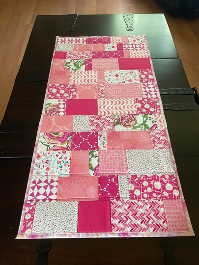 Shades Of Pink Patchwork Table Runner, Art Gallery Fabric, Dots, Stripes, Topper, Long Bedroom, Decor, 15.5 X 31 Inch