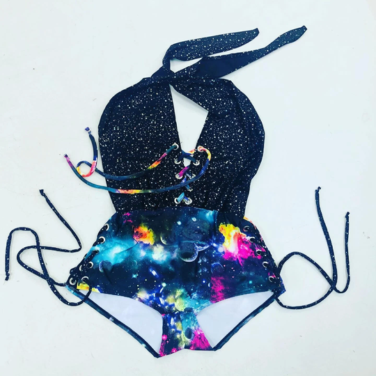 Josie Romper With Lace Up Hips & Bodice. Bodice in Star Noir Galaxy Tie, Hips Ties On Both Hips. 157607