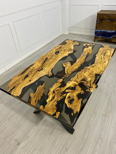 Olive Wood Epoxy Table, Custom 66" X 39" Smokey Gray Dining Order For Karen M