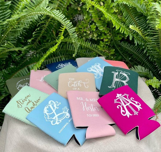 Colorful Can Coolers, Custom Monogrammed Wedding Favor, Neoprene Coolie, Personalized Event Hugger
