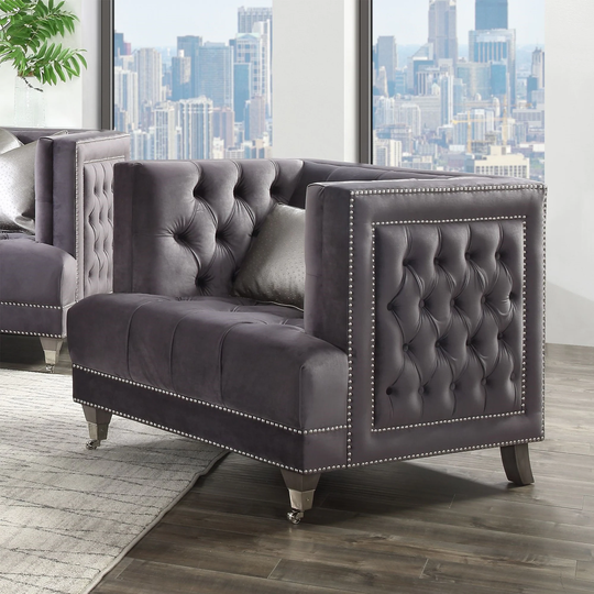 Classic Velvet Fabric Chair Tufted Club Chair with Pillow in Grey