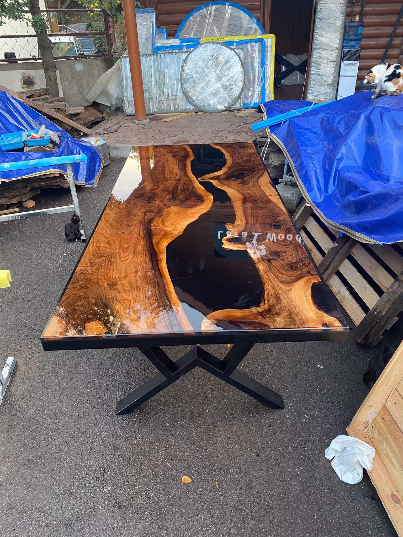 Custom Epoxy Resin Table, 96" X 40" Unique Walnut Shiny Black River Dining Handmade Tabler For Jacek