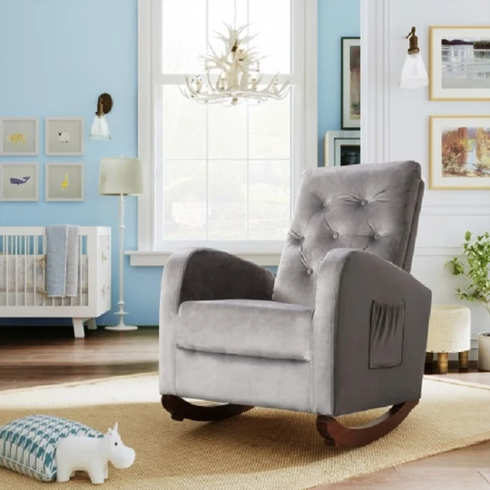Baby Room High Back Rocking Chair Nursery Chair , Comfortable Rocker Fabric Padded Seat ,Modern High Back Armchair