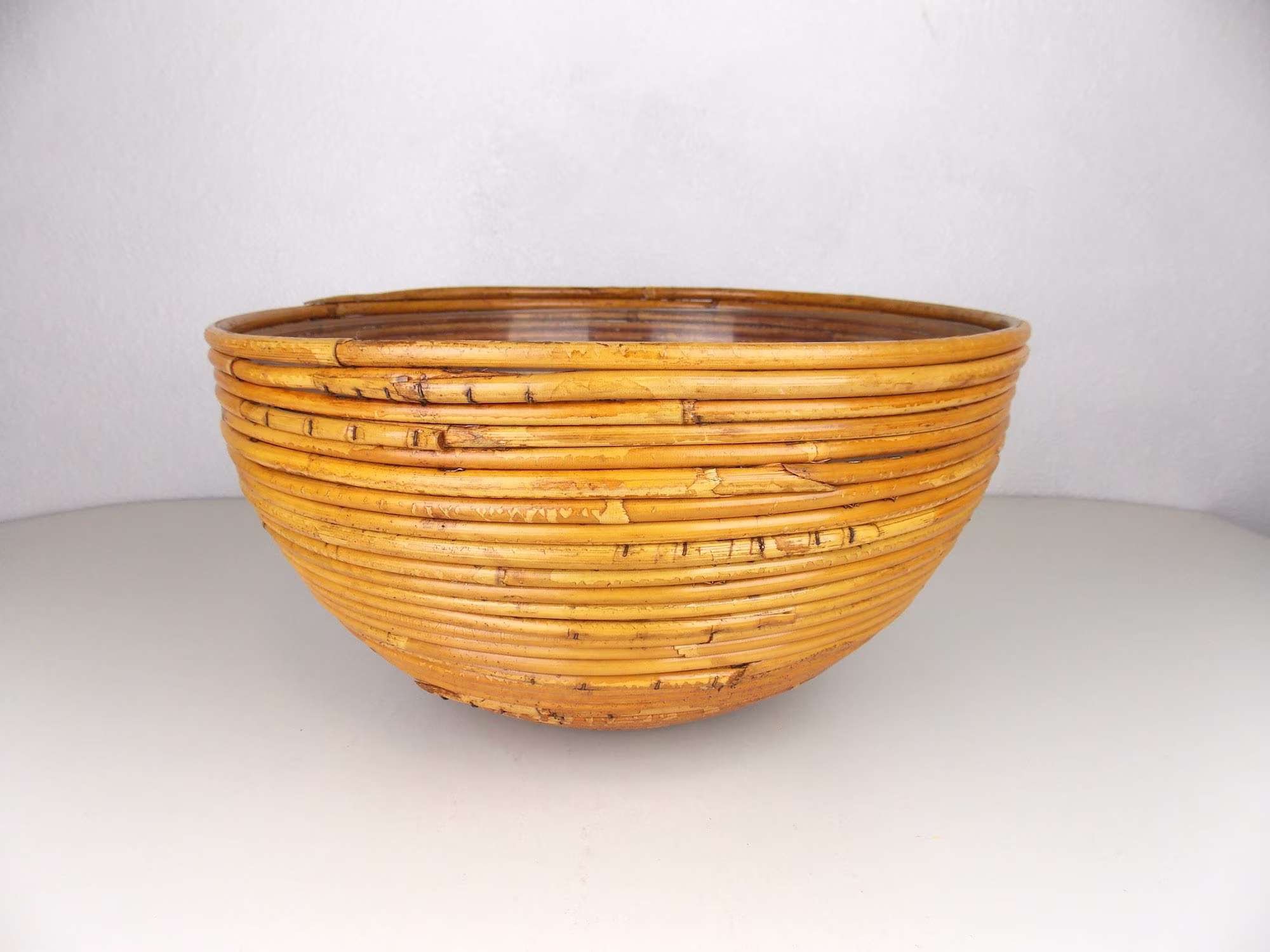 Gabriella Crespi Style Large Pencil Reed Basket Bowl With Plastic Liner