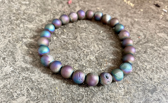 Rainbow Titanium Aura Druzy Quartz Beaded Bracelet, Gemstone Bracelet, Chakra Jewelry, Flame Crystal, High Vibration Bracelet