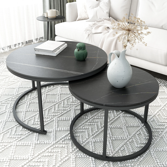 Nesting Coffee Table Set of 2 with Round Side Table Living Room, Black