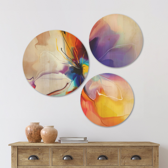 Designart 'Creative Flower in Multiple Colors' Floral Wood Wall Art Set of 3 Circles - Multi-Color