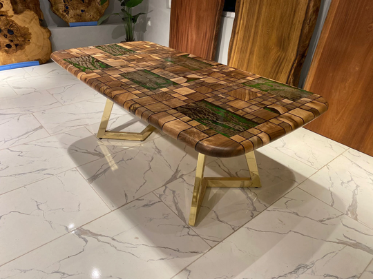Moss Resin Table, Custom Epoxy Live Edge Walnut Dining Forest Design Table
