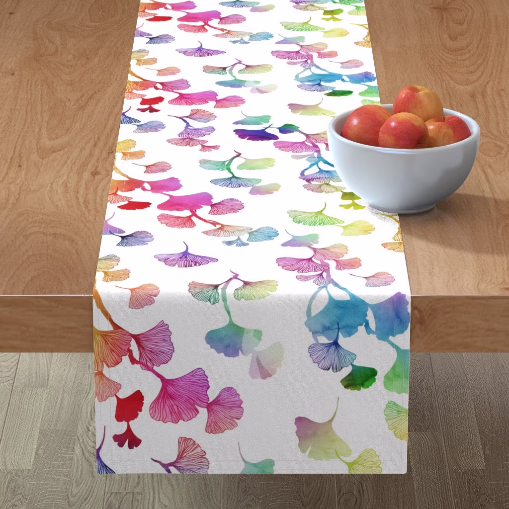 Watercolor Ginkgo Table Runner - Leaves Rainbow By Adenaj Colorful Biloba Cotton Sateen Spoonflower