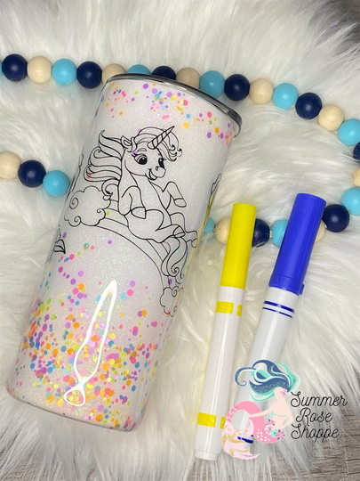 Coloring Book Unicorn Rainbow Roses Kids Skinny Tumbler - Stainless Steel & Page Glitter