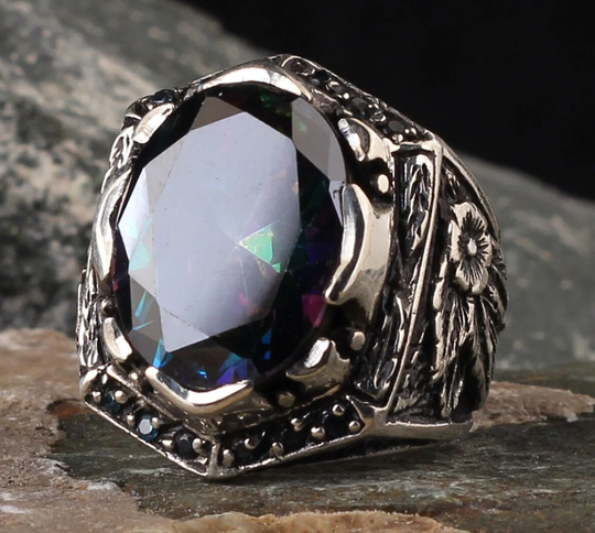 Pencil Carved Natural Rainbow Mystic Topaz Stone Sterling Silver Ring