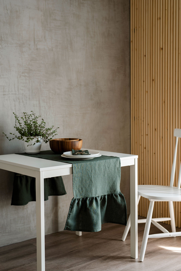 Forest Green Linen Table Runner With Ruffle. Ruffled Runner. Dining Decor. Kitchen Natural Decor