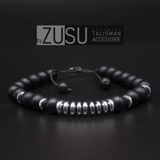 Black Onyx & Silver Hematite Mens Bead Bracelet, Bracelet Hematite, Adjustable Stone Gift For Him, Disk Bead Bracelet