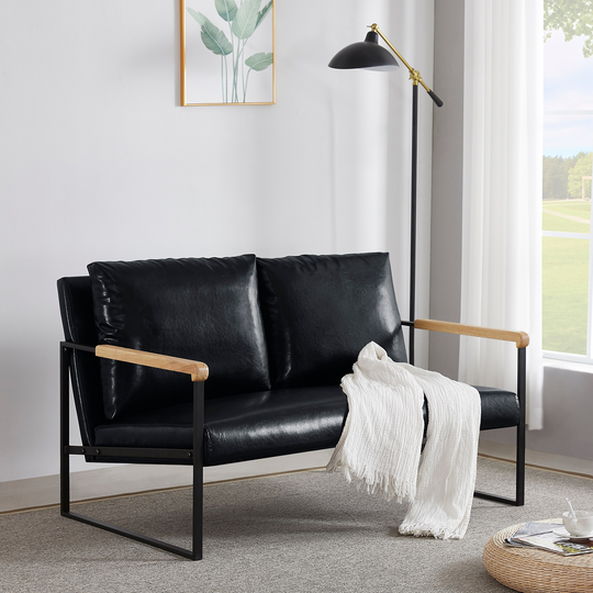 Classic Faux Leather PU Upholstery Loveseat Living Room Accent Chair Arm Chairs with Metal Frame and Wood Arms Support