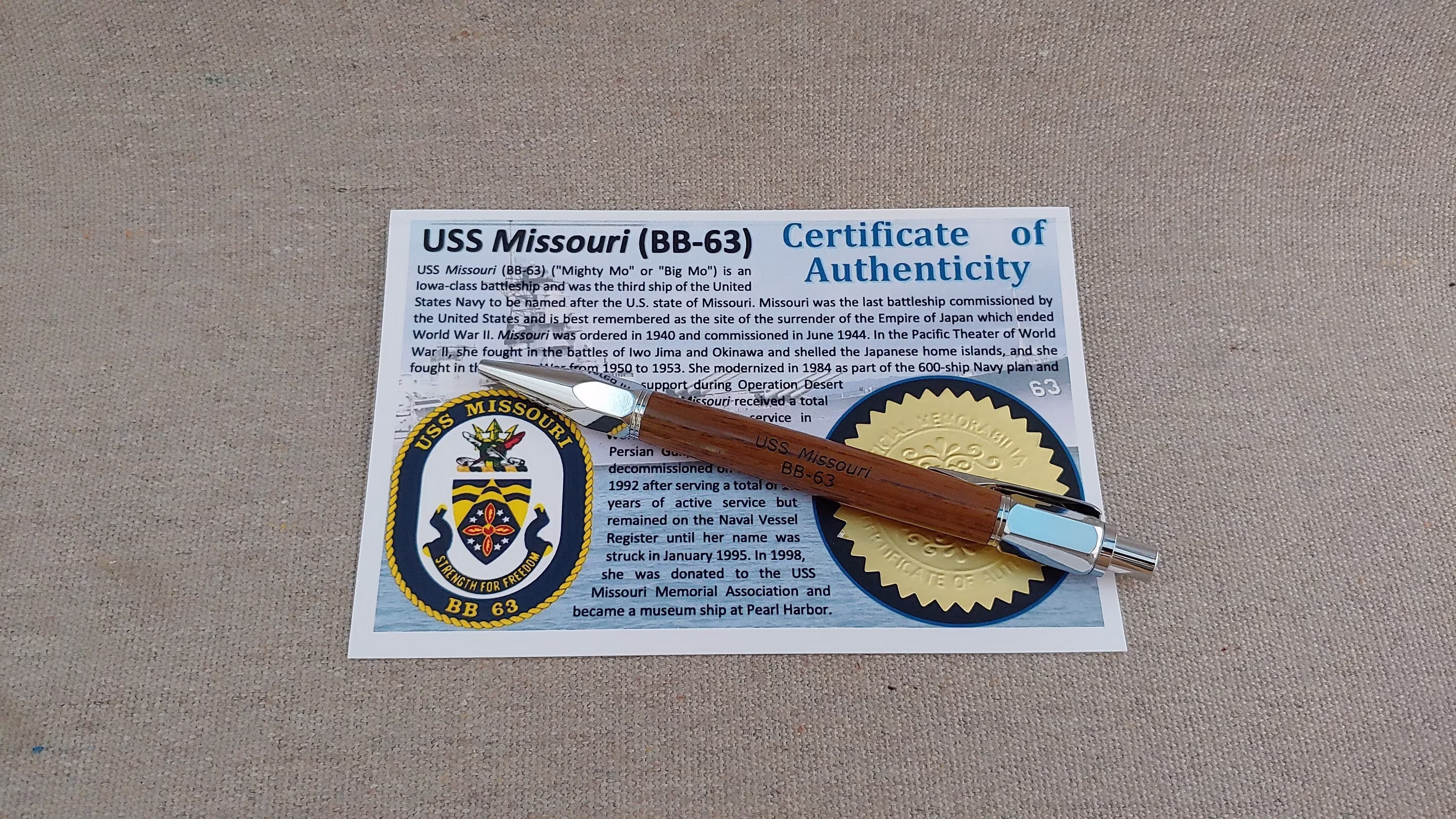 Handcrafted Mechanical Pencil Made From Uss Missouri Reclaimed Wood, Bb-63, 2mm Lead