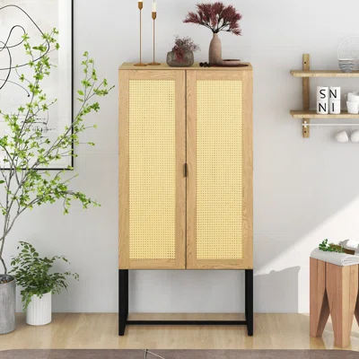 Wooden Sideboard,2-door Wicker Storage Cabinet For Kitchen
