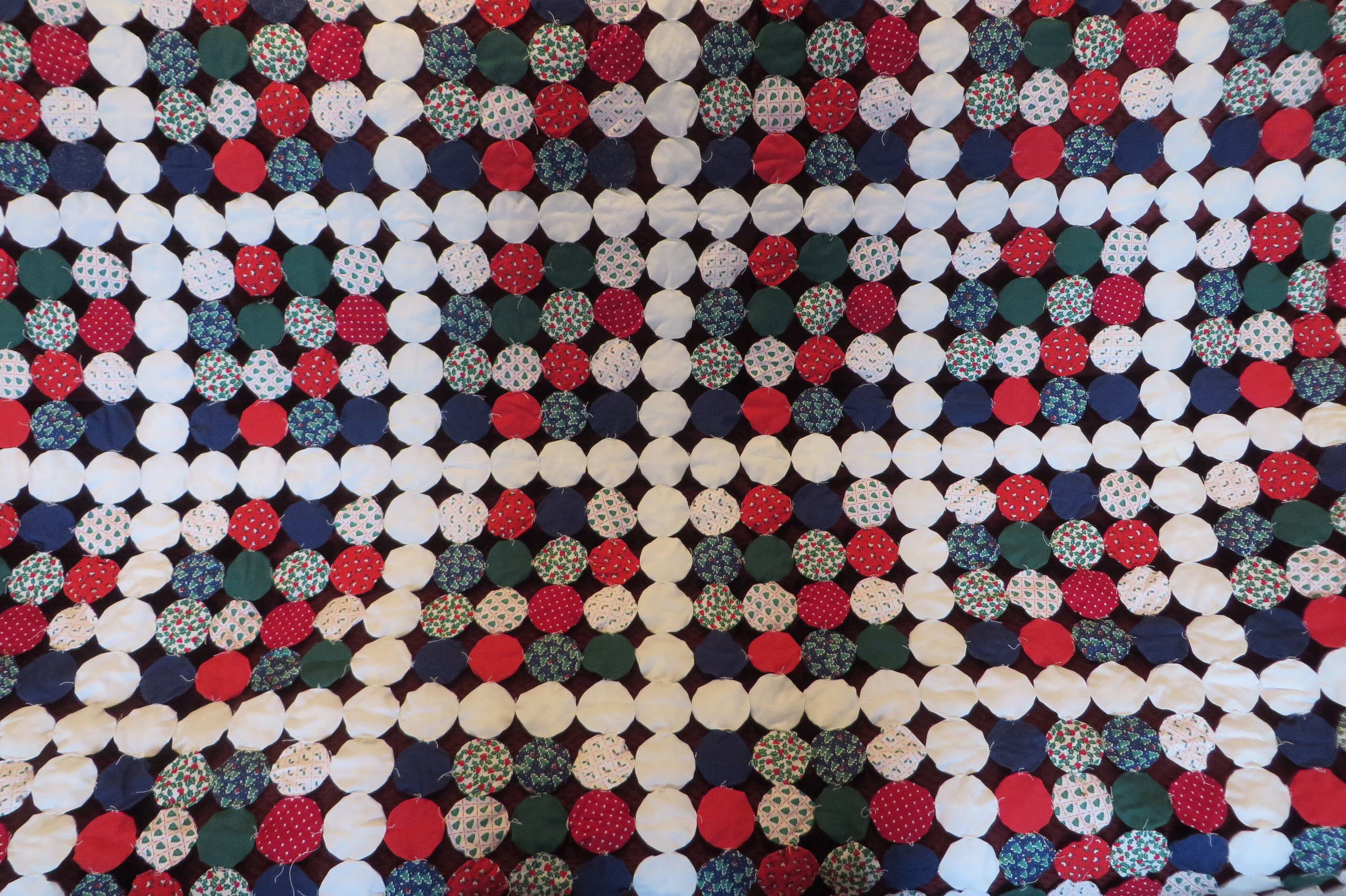 Tablecloth Christmas Yo-Yo Pieces // Handmade Yo Quilt Or Table Topper Vintage Christmas Red Green Navy & White