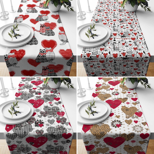 Valentine Table Runner, Red Hearts Cats Tablecloth, Lovely Setting, Valentine's Day Gift, Gift For Girlfriend, Home Decor