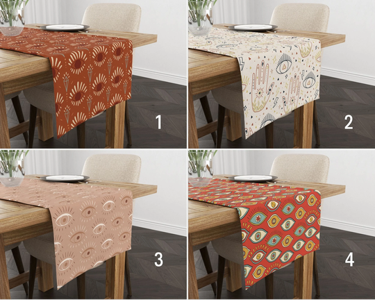 Boho Eyes Table Runner, Terracotta Bohemian Eye Pattern Tablecloth, Mid Century Modern Home Textile, Housewarming Gift, Gift For Her