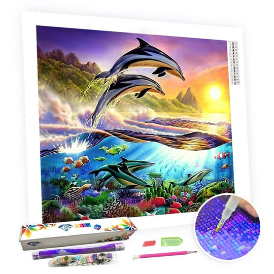 5D Diy Square Round Diamond Painting Kit Full Drill-Sunset Dolphin-Diy By Number Rhinestone Pasted For Home Wall Decor