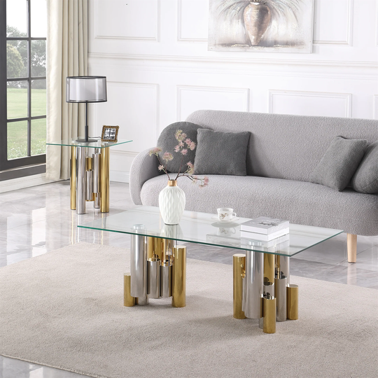 Stainless Steel Square End Table for Living Room Clear Tempered Glass