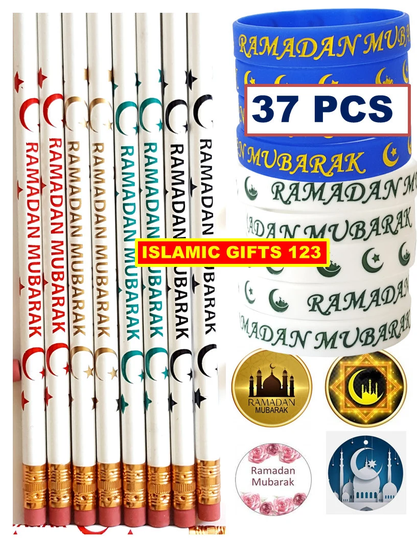 Ramadan Favors 36 Pcs + 200 Stickers Happy Mubarak Pencils Wristbands Gifts Arabic Islamic Quran Eid Decor