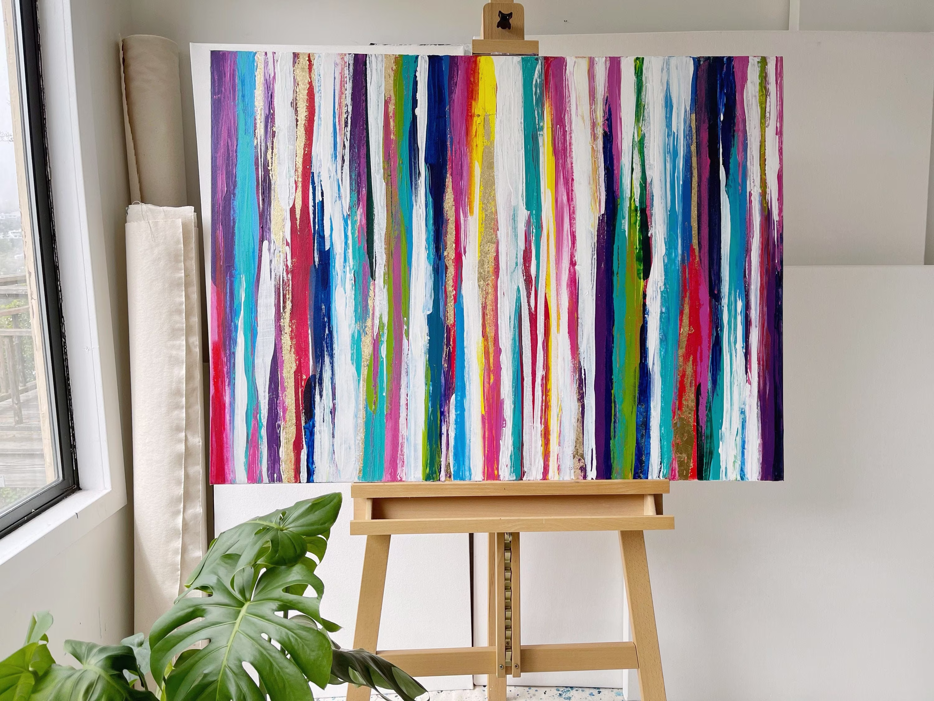 Colorful Art, Multicolor Stripes, Large Original Abstract Modern Acrylic Wall Teal, Blue, Pink, Purple Canvas Painting