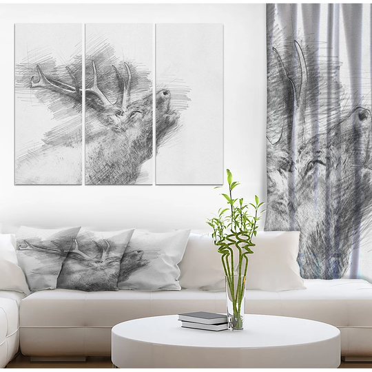 Designart 'Black and White Deer Pencil Sketch' Animals Print on Wrapped Canvas set - 36x28 - 3 Panels