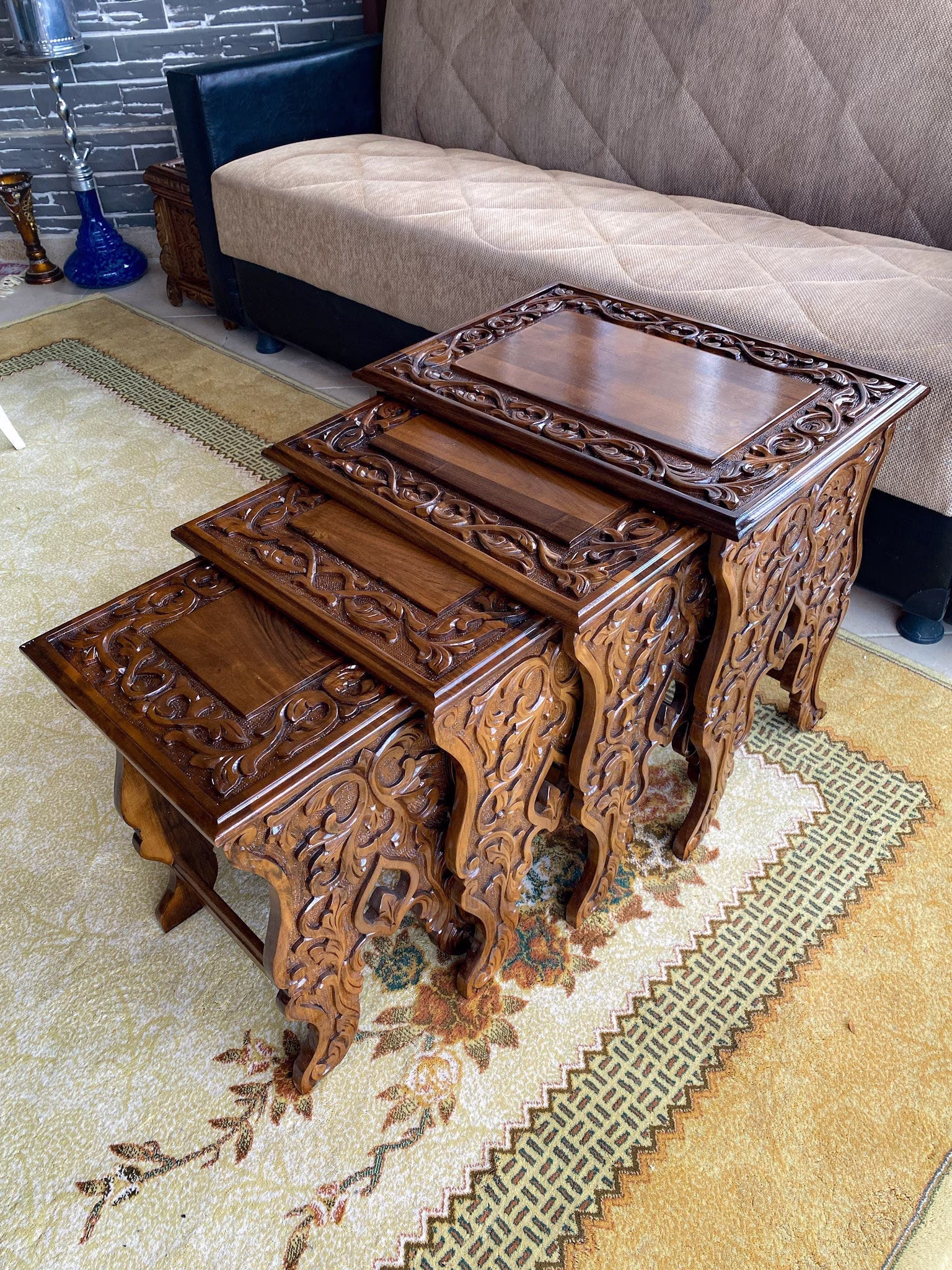 Ottoman Nesting Tables, Wooden Side Table Set, Wood Coffee Table, Walnut End Carved