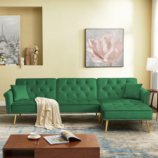 Modern Velvet Upholstered Reversible Sectional L-Shaped Sofa Bed with Movable Ottoman and Nailhead Trim Green
