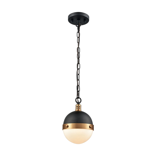 Harmelin 1-Light Mini Pendant in Matte Black and Satin Brass with White Opal Glass by ELK Lighting