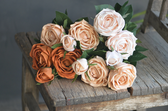 27.5" Morandi Color Real Touch Faux Garden Roses, Artificial Diy Florals | Wedding/Home/Kitchen Decoration Gifts, Pale Blush Burnt Orange
