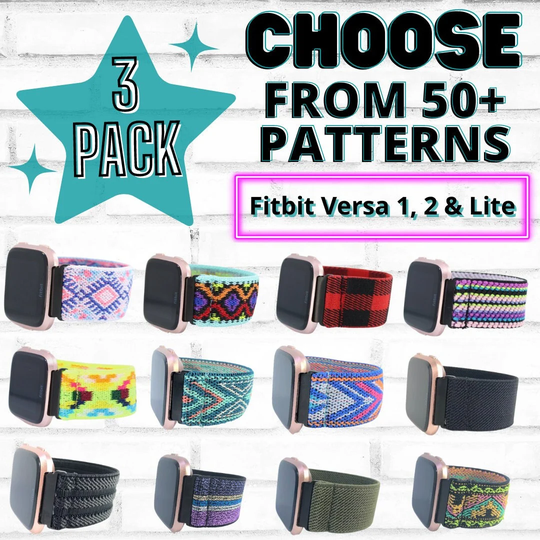 3 Pack - Elastic Watch Bands For Fitbit Versa 1, 2, Lite Models Choose Your Patterns 50+ Color Options Bundle Discount Sale Fb 3-Pack
