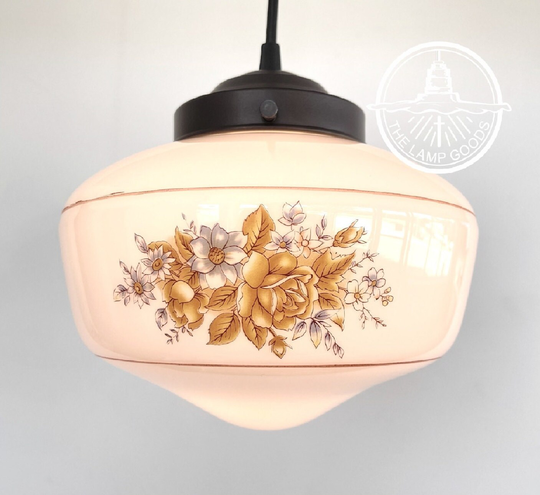 Retro 70's Milk Glass Pendant Lighting Fixtures - Floral Pattern Ceiling Lamp Farmhouse Country Mount Kitchen Mid Century