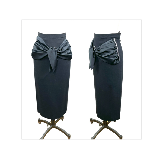 1980S Lillie Rubin Wool Pencil Skirt With Silk Bow & Rhinestones Size S