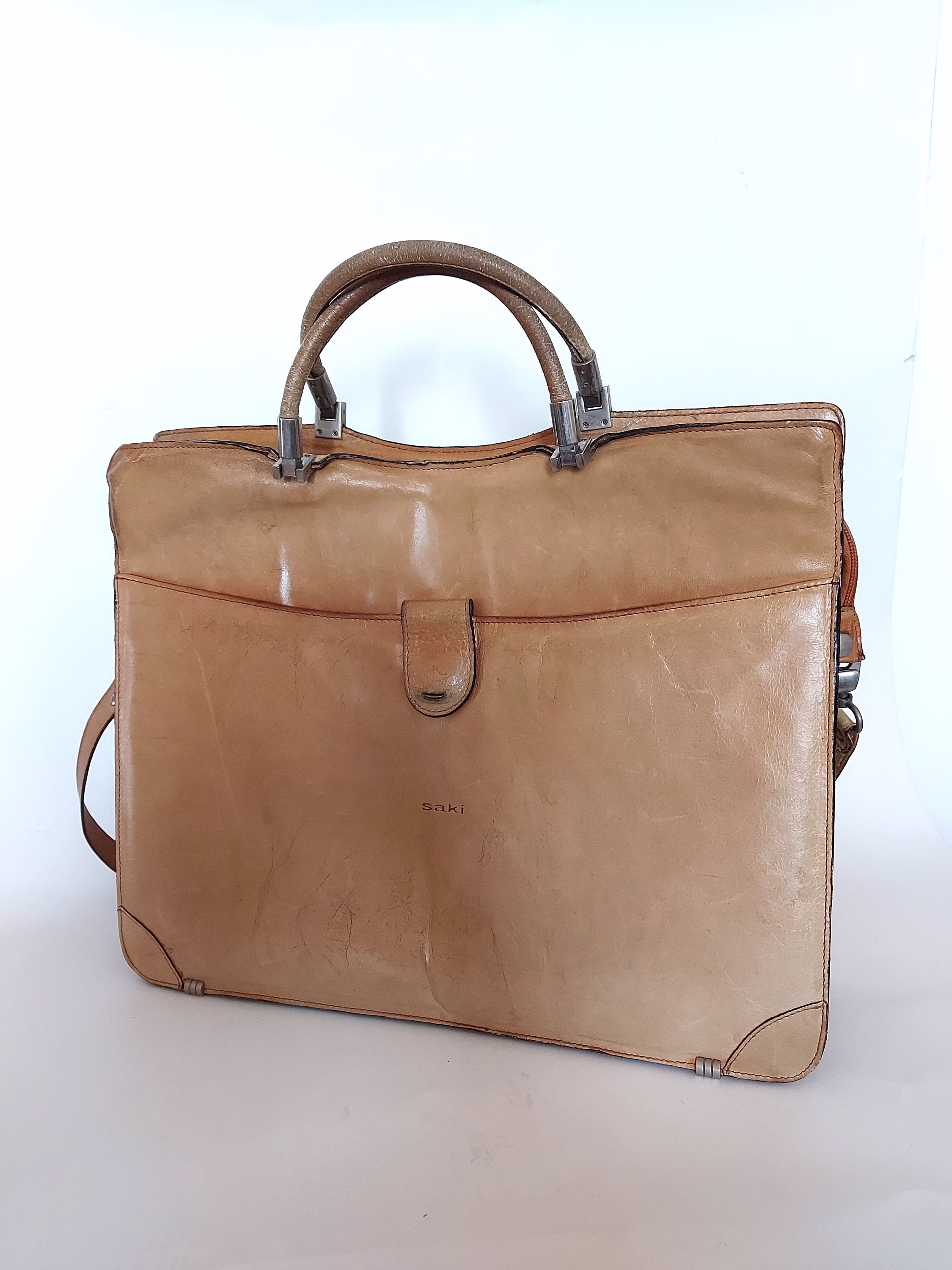 Vintage Leather Briefcase/ Handbag/ Crossbody Bag Sakis Mode De Paris/Beige, Caramel, Brown Bag