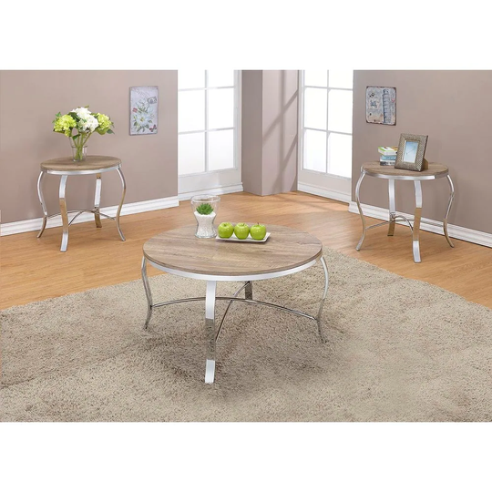Coffee/End Table Set (3Pc Pk) in Weathered Light Oak & Chrome