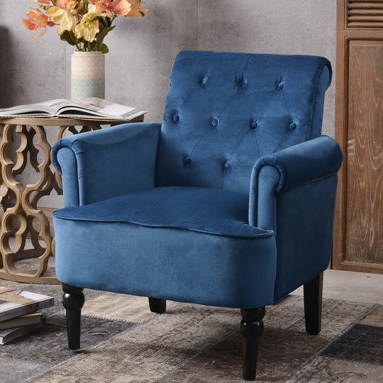 Modern Design Elegant Button Tufted Club Chair with Roll Arms and Wooden Legs