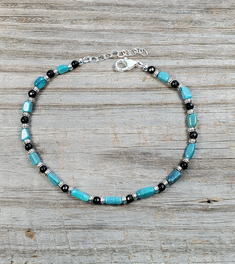 Turquoise & Onyx Adjustable Size Gemstone Anklet, Sterling Clasp Chain, Multiple Sizes Available