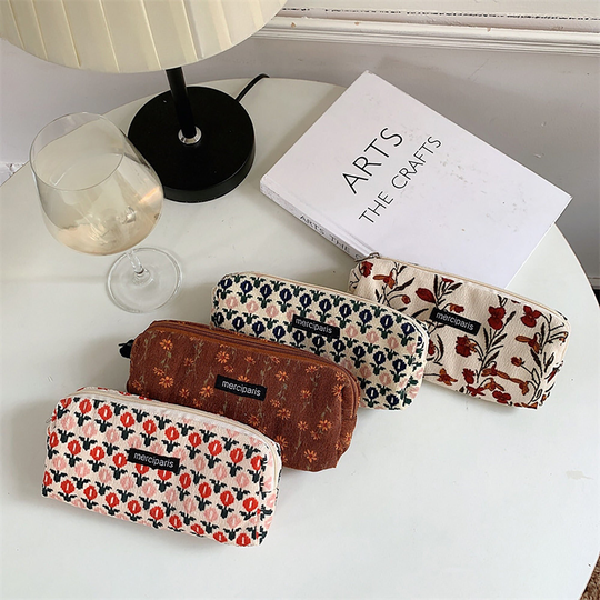 Corduroy Floral Pencil Case, Kawaii Canvas Case, Large-Capacity Case Stationery Bag, Stationery Storage Bag, School Supplies