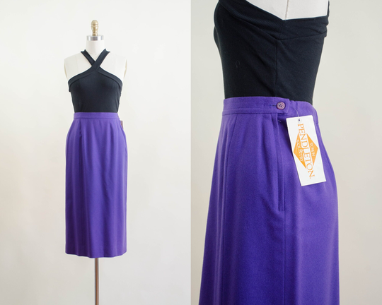 Purple Wool Skirt | 80S Vintage Pendleton Royal Dark Academia Librarian Knee Length Pencil