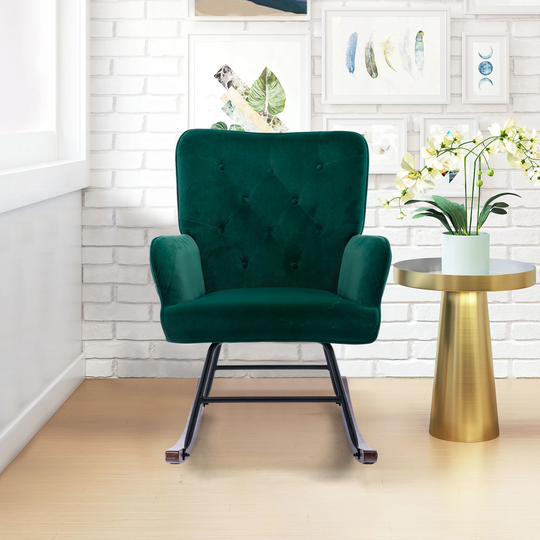 Modern Rocking Nursery Upholstered Accent Rocker Chair, Comfortable Living Room Chair with Buttons & Diamond-Shaped Cut lines