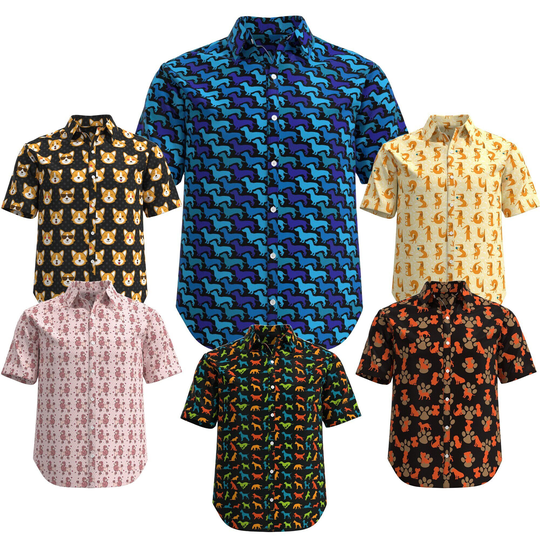 Cute Colorful Dogs Animal Print Pattern Pet Corgy Dachshund Poodle Dog Paws Blue Pink Yellow Brown Black Short Sleeve Button Shirt