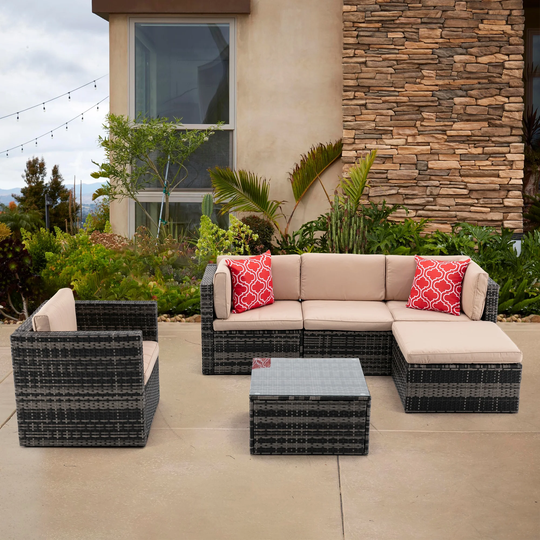 6-piece Outdoor Garden Patio Sectional Sofa, PE Rattan Wicker Cushioned Modular Design Sofa Sets with 2 Pillows and Coffee Table