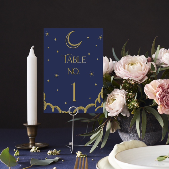 Celestial Wedding Table Numbers | Starry Night Navy & Gold