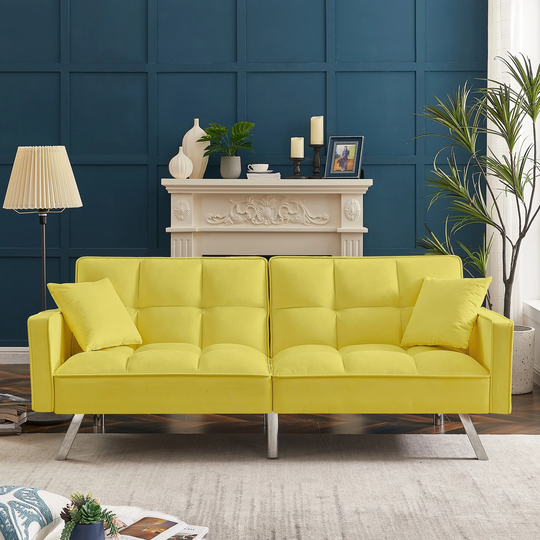 Loveseat Sofa Bed Velvet Upholstered Split-back Design Convertible Futon Sofa Adjustable Back with 2 Pillows and Metal Legs