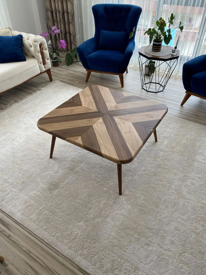 Wooden Square Walnut Coffee Table, Mid Century Modern Rustic Center Walnut