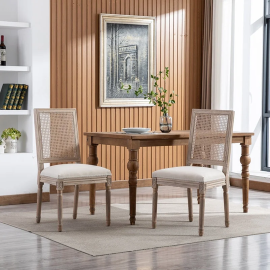 French Vintage Dining Chairs Set of 2, Chic Side Chairs with Rattan Backrest and Linen Upholstery, Distressed Wood Accent Chairs