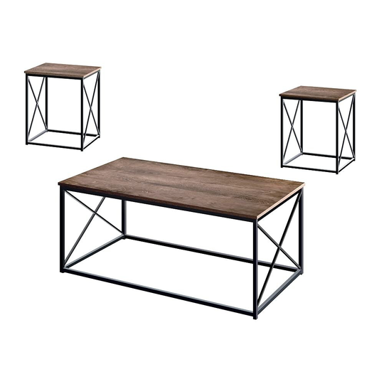 Modern Coffee Table Includes Coffee Table and Two End Tables, Modern Industrial Metal and Wood Occasional Tables, 3pc, Dark Oak